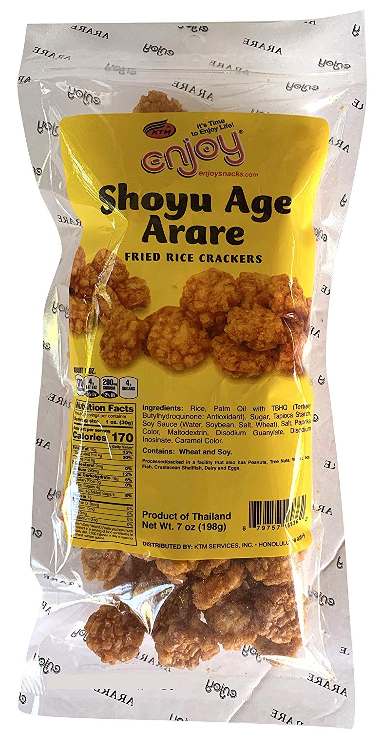 Bag of Enjoy Shoyu Age Arare fried rice crackers with yellow label showing ingredients and nutrition facts


