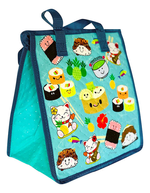 A bright turquoise blue insulated cooler bag with teal handles and a top zipper, covered in colorful cartoon sushi and food illustrations, shown on a white background.
