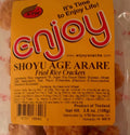 Bag of Enjoy Shoyu Age Arare fried rice crackers with yellow label showing ingredients and nutrition facts

