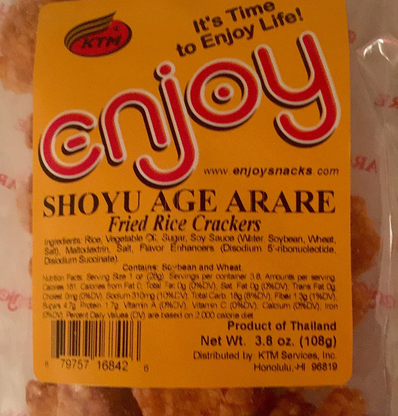 Bag of Enjoy Shoyu Age Arare fried rice crackers with yellow label showing ingredients and nutrition facts

