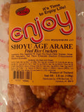 Bag of Enjoy Shoyu Age Arare fried rice crackers with yellow label showing ingredients and nutrition facts

