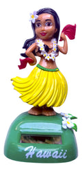 Solar-powered hula dashboard doll with yellow skirt. made from ABS plastic, featuring "Maui" or "Hawaii" text, perfect for car decoration and tropical gifts.