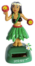 Solar-powered hula dashboard doll with green skirt. made from ABS plastic, featuring "Maui" or "Hawaii" text, perfect for car decoration and tropical gifts.