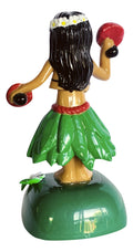 Solar-powered hula dashboard doll with green skirt. made from ABS plastic, featuring "Maui" or "Hawaii" text, perfect for car decoration and tropical gifts. Backside