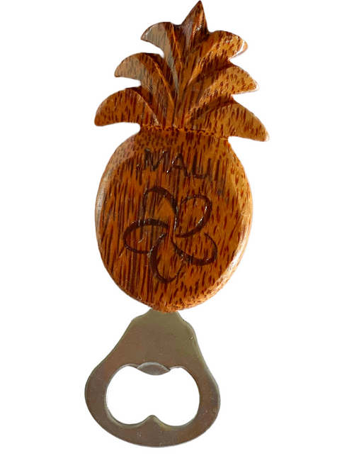 Maui Pineapple Wooden Bottle Opener with Plumeria Design and Magnet