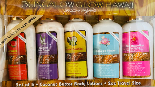 Bungalow Glow Organic Coconut Butter Body Lotion Set – 5 Tropical Fragrances, Travel Size (2 oz Each)