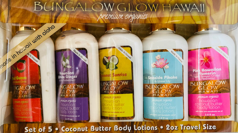 Bungalow Glow Organic Coconut Butter Body Lotion Set – 5 Tropical Fragrances, Travel Size (2 oz Each)