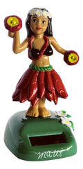 Solar-powered hula dashboard doll with red skirt. made from ABS plastic, featuring "Maui" or "Hawaii" text, perfect for car decoration and tropical gifts.