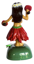 Solar-powered hula dashboard doll with red skirt. made from ABS plastic, featuring "Maui" or "Hawaii" text, perfect for car decoration and tropical gifts. Backside