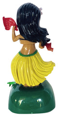 Solar-powered hula dashboard doll with yellow skirt. made from ABS plastic, featuring "Maui" or "Hawaii" text, perfect for car decoration and tropical gifts. Backside